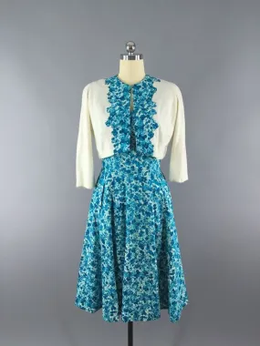 1950s Vintage Blue Floral Print Day Dress and Sweater Set 1950s Vintage Blue Floral Print Day Dress and Sweater Set