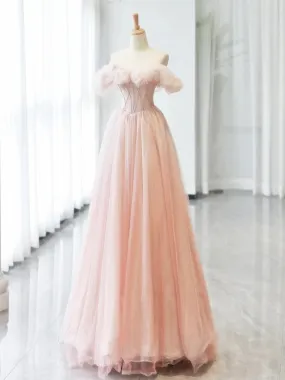 A-Line Princess Sweetheart Neck Off Shoulder Tulle Pink Long Prom Dress A-Line Princess Sweetheart Neck Off Shoulder Tulle Pink Long Prom Dress