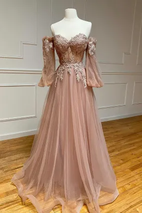 A-Line Strapless Long Lace Prom Dress, Sweetheart Neck Tulle Evening Party Dress A-Line Strapless Long Lace Prom Dress, Sweetheart Neck Tulle Evening Party Dress