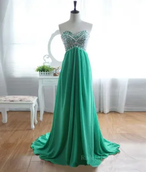 A-Line Strapless Sweetheart Neck Green Chiffon Long Prom Dresses, Green Evening Dresses A-Line Strapless Sweetheart Neck Green Chiffon Long Prom Dresses, Green Evening Dresses