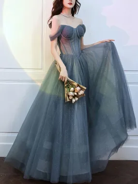 A Line Sweetheart Neck Gray Blue Tulle Long Prom Dress, Blue Evening Dress A Line Sweetheart Neck Gray Blue Tulle Long Prom Dress, Blue Evening Dress