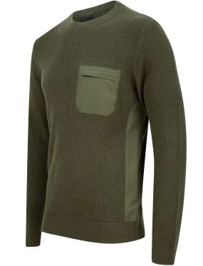 Alpher Textured Cotton Knit Jumper with Fabric Chest Pocket In Khaki - Dissident Alpher Textured Cotton Knit Jumper with Fabric Chest Pocket In Khaki - Dissident