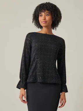 Bateau Neck Top, Plaid Sparkle Detail Bateau Neck Top, Plaid Sparkle Detail