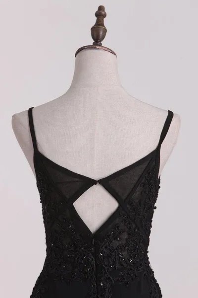 Black Beading Appliques Long Prom Dress Formal Party Dress with Slit,DP1449