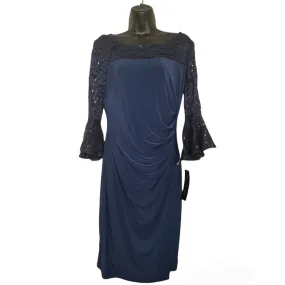 Blu Sage Sequin Lace Bell Sleeve Cinched Sheath Dress  Navy Blu Sage Sequin Lace Bell Sleeve Cinched Sheath Dress  Navy