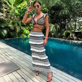 Boho Triangle Knit Wrap Bra Top and Ruffle Tiered Maxi Skirt Matching Set Boho Triangle Knit Wrap Bra Top and Ruffle Tiered Maxi Skirt Matching Set