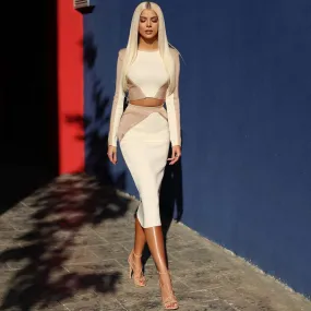 Contrast High Waist Long Sleeve Bodycon Bandage Matching Set - White Contrast High Waist Long Sleeve Bodycon Bandage Matching Set - White