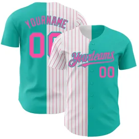 Custom Aqua White-Pink Pinstripe Authentic Split Fashion Baseball Jersey Custom Aqua White-Pink Pinstripe Authentic Split Fashion Baseball Jersey