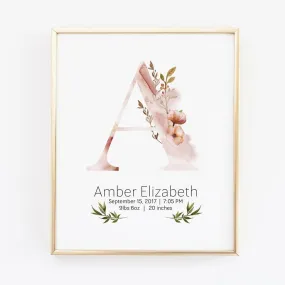 Customized Girl Name Wall Art with Baby Birth Stat Details Customized Girl Name Wall Art with Baby Birth Stat Details