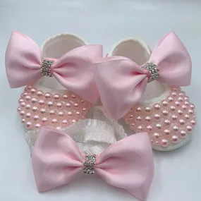 Dolly Bling Pram Shoes Pink Beaded withhead band Dolly Bling Pram Shoes Pink Beaded withhead band
