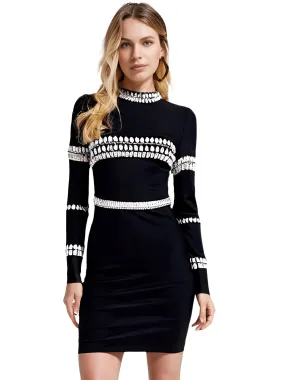 Elegant Long Sleeve Diamond Black Mini Bandage Dress Women Elegant Long Sleeve Diamond Black Mini Bandage Dress Women