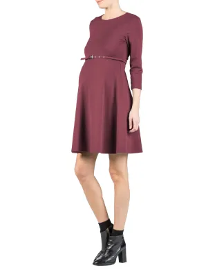Flared Maternity  Dress with Belt - Bordeaux Flared Maternity  Dress with Belt - Bordeaux