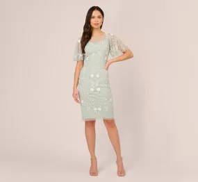 Floral Beaded Dress With Sheer Flutter Sleeves In Icy Sage Ivory Floral Beaded Dress With Sheer Flutter Sleeves In Icy Sage Ivory