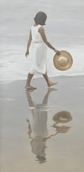HAT IN HAND By David Schock - Figurative Painting of a Woman Walking on the Beach HAT IN HAND By David Schock - Figurative Painting of a Woman Walking on the Beach