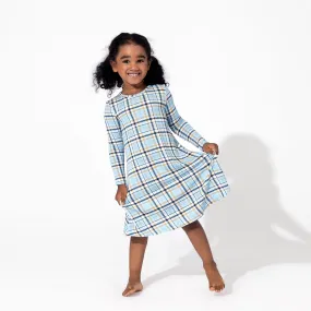 Holiday Plaid Blue Bamboo Girls' Long Sleeve Dress Holiday Plaid Blue Bamboo Girls' Long Sleeve Dress