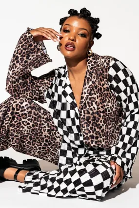 Long Sleeve Plissé Set in Leopard   Check Long Sleeve Plissé Set in Leopard   Check