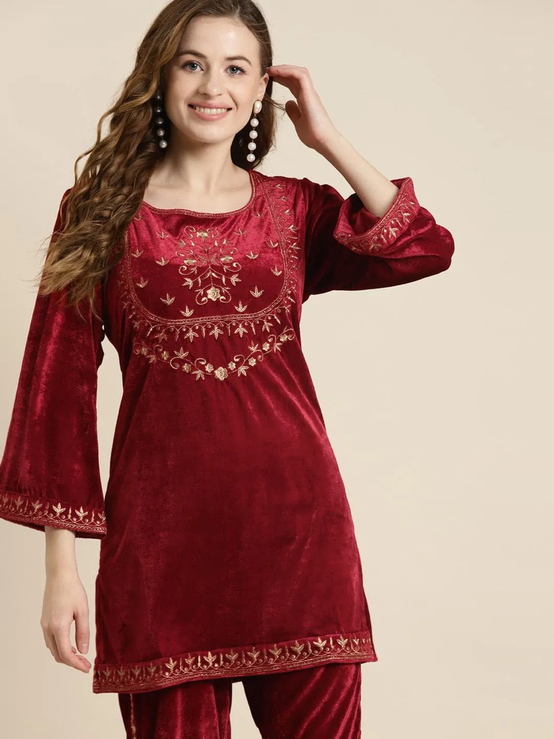 Maroon Velvet Floral Zari Embroidered Short Kurta