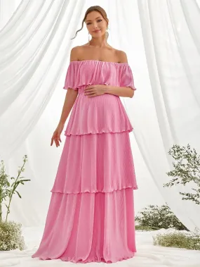 Maternity Solid Off Shoulder Layered Hem Dress Maternity Solid Off Shoulder Layered Hem Dress