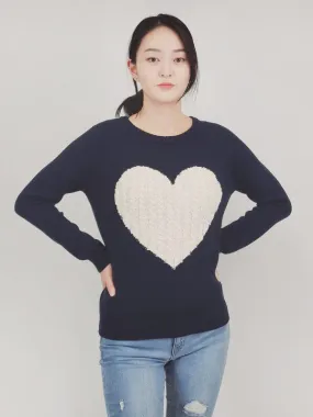Navy and Ivory Heart Jacquard Round Neck Pullover Sweater Navy and Ivory Heart Jacquard Round Neck Pullover Sweater