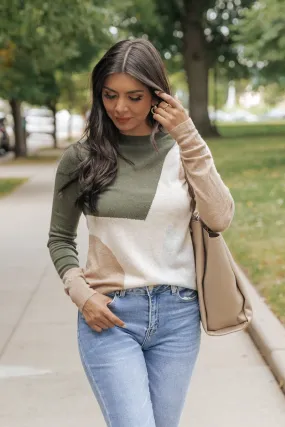 Olive Multi Color Block Crew Neck Sweater Olive Multi Color Block Crew Neck Sweater