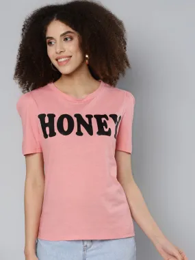Pink HONEY Print Puff Sleeve T-Shirt Pink HONEY Print Puff Sleeve T-Shirt