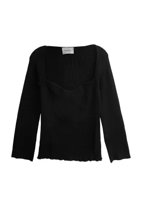 Portrait Neckline Contour Rib Knit Sweater Top- Black Portrait Neckline Contour Rib Knit Sweater Top- Black
