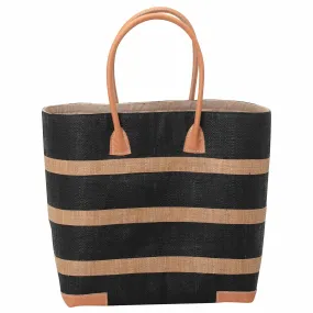 Raffia Black Beach Stripe Tote  with Leather Handle Raffia Black Beach Stripe Tote  with Leather Handle