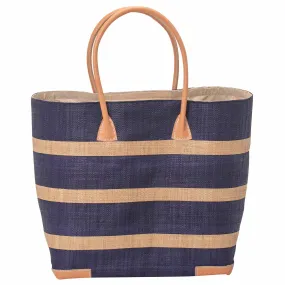 Raffia Navy Beach Stripe Tote with Leather Handle Raffia Navy Beach Stripe Tote with Leather Handle