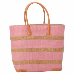 Raffia Pink Beach Stripe Tote with Leather Handle Raffia Pink Beach Stripe Tote with Leather Handle