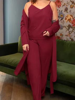 Women's Plus Size Three Piece Loungewear Set Including Strap Top Flowy Bottoms and Cardigan Women's Plus Size Three Piece Loungewear Set Including Strap Top Flowy Bottoms and Cardigan